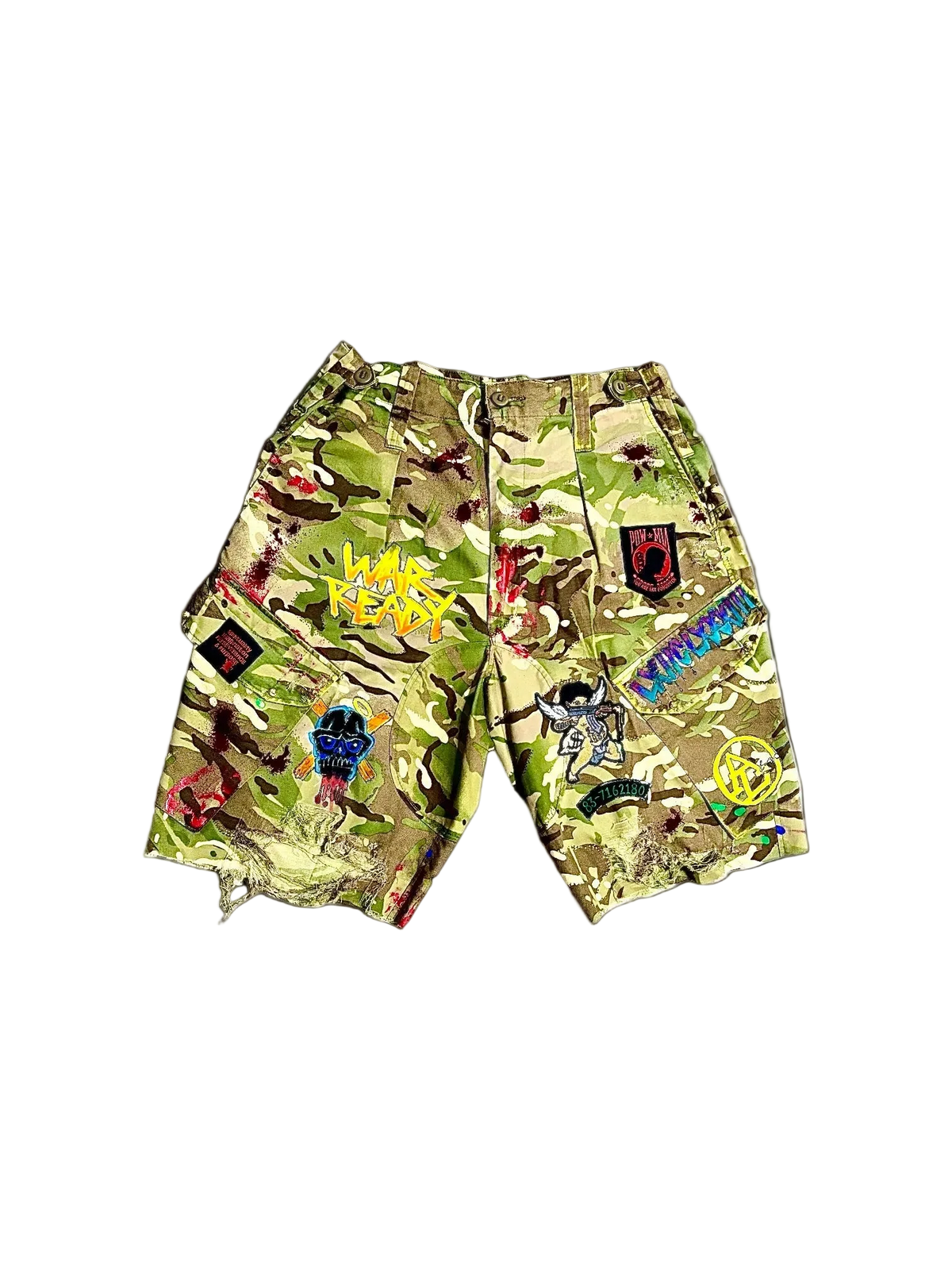 1 of 1 U.S. ARMY Collab painted and patch work Camo Shorts (L/XL)